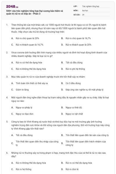 500+ câu trắc nghiệm tổng hợp Đại cương bảo hiểm và quản trị rủi ro có đáp án - Phần 3