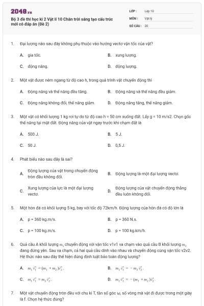 Bộ 3 đề thi học kì 2 Vật lí 10 Chân trời sáng tạo cấu trúc mới có đáp án (Đề 2)