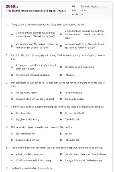 1730 câu trắc nghiệm Nội ngoại cơ sở có đáp án - Phần 35