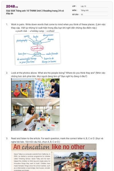 Giải SGK Tiếng anh 10 THiNK Unit 2 Reading trang 24 có đáp án