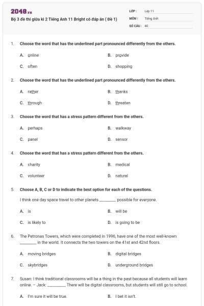 Bộ 3 đề thi giữa kì 2 Tiếng Anh 11 Bright có đáp án ( Đề 1)