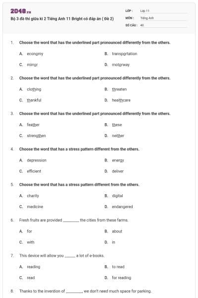 Bộ 3 đề thi giữa kì 2 Tiếng Anh 11 Bright có đáp án ( Đề 2)