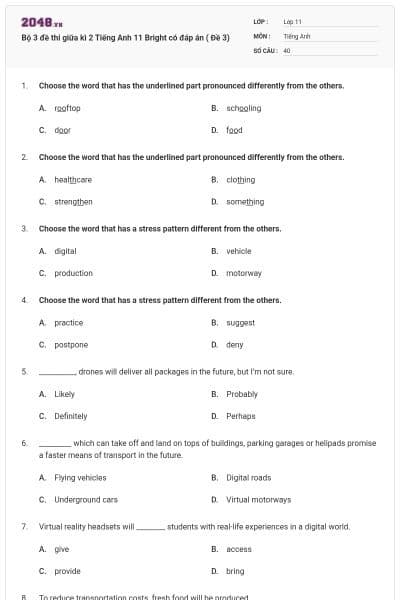 Bộ 3 đề thi giữa kì 2 Tiếng Anh 11 Bright có đáp án ( Đề 3)