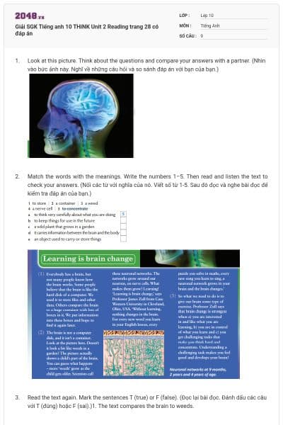 Giải SGK Tiếng anh 10 THiNK Unit 2 Reading trang 28 có đáp án