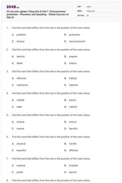 20 câu trắc nghiệm Tiếng Anh 8 Unit 7. Environmental protection - Phonetics and Speaking - Global Success có đáp án