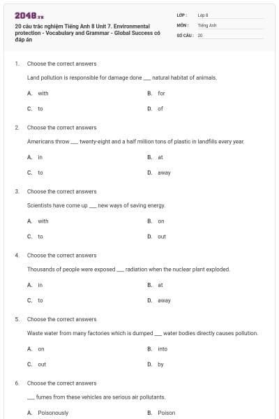 20 câu trắc nghiệm Tiếng Anh 8 Unit 7. Environmental protection - Vocabulary and Grammar - Global Success có đáp án