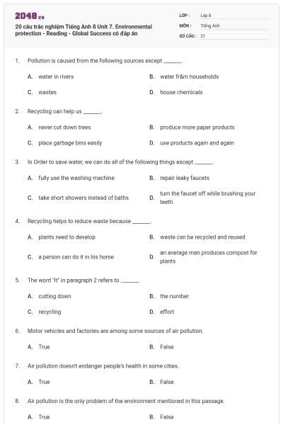 20 câu trắc nghiệm Tiếng Anh 8 Unit 7. Environmental protection - Reading - Global Success có đáp án