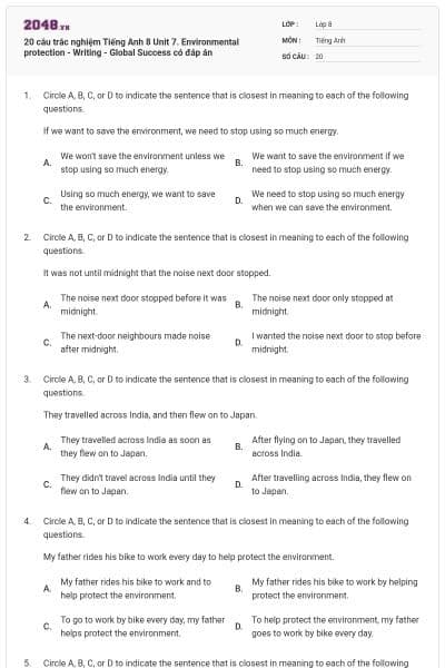 20 câu trắc nghiệm Tiếng Anh 8 Unit 7. Environmental protection - Writing - Global Success có đáp án