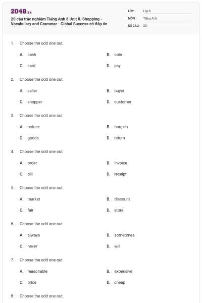 20 câu trắc nghiệm Tiếng Anh 8 Unit 8. Shopping - Vocabulary and Grammar - Global Success có đáp án