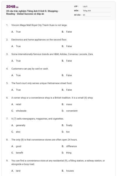 20 câu trắc nghiệm Tiếng Anh 8 Unit 8. Shopping - Reading - Global Success có đáp án