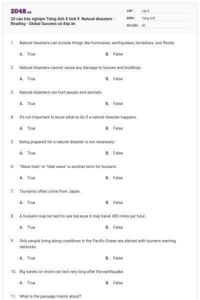 20 câu trắc nghiệm Tiếng Anh 8 Unit 9. Natural disasters - Reading - Global Success có đáp án