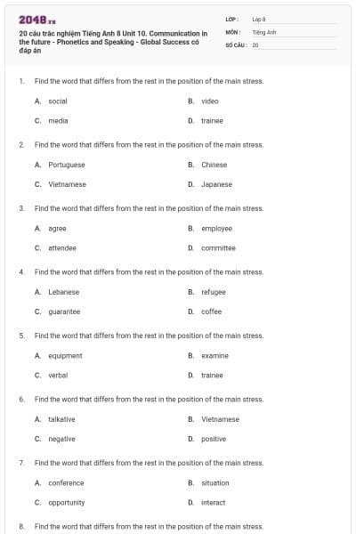 20 câu trắc nghiệm Tiếng Anh 8 Unit 10. Communication in the future - Phonetics and Speaking - Global Success có đáp án