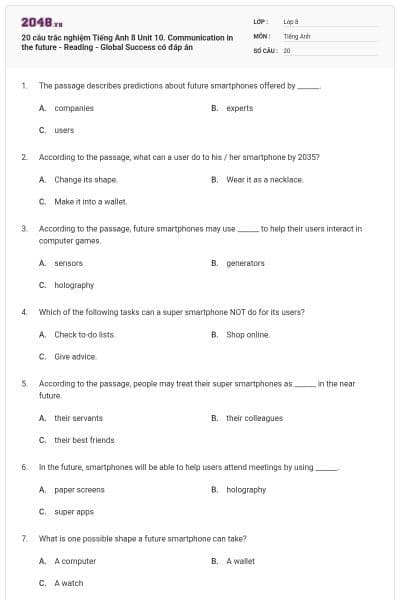 20 câu trắc nghiệm Tiếng Anh 8 Unit 10. Communication in the future - Reading - Global Success có đáp án