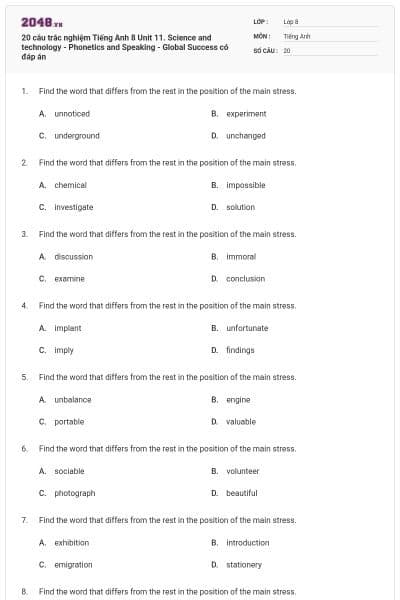 20 câu trắc nghiệm Tiếng Anh 8 Unit 11. Science and technology - Phonetics and Speaking - Global Success có đáp án