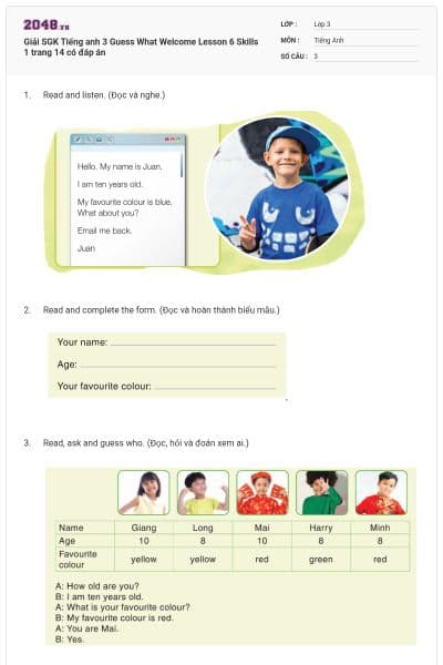 Giải SGK Tiếng anh 3 Guess What Welcome Lesson 6 Skills 1 trang 14 có đáp án