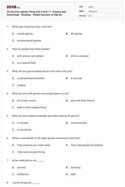 20 câu trắc nghiệm Tiếng Anh 8 Unit 11. Science and technology - Reading - Global Success có đáp án