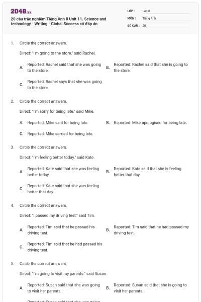 20 câu trắc nghiệm Tiếng Anh 8 Unit 11. Science and technology - Writing - Global Success có đáp án
