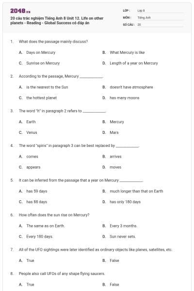 20 câu trắc nghiệm Tiếng Anh 8 Unit 12. Life on other planets - Reading - Global Success có đáp án