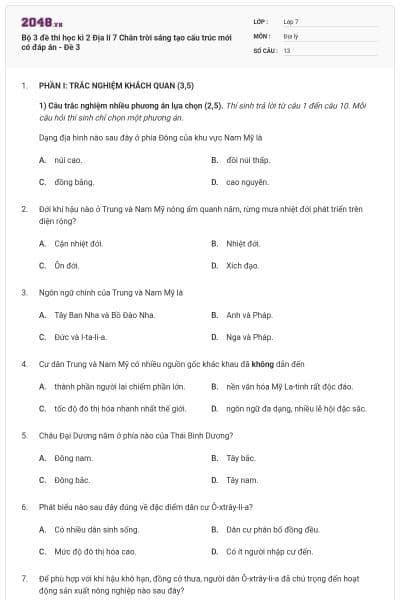 Bộ 3 đề thi học kì 2 Địa lí 7 Chân trời sáng tạo cấu trúc mới có đáp án - Đề 3