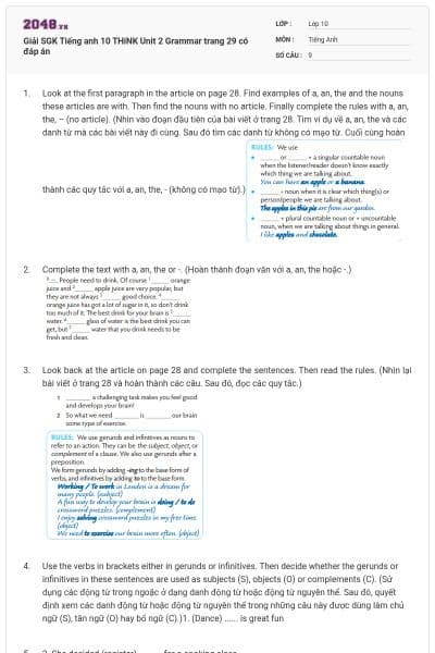 Giải SGK Tiếng anh 10 THiNK Unit 2 Grammar trang 29 có đáp án