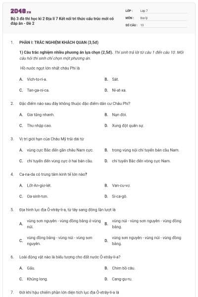 Bộ 3 đề thi học kì 2 Địa lí 7 Kết nối tri thức cấu trúc mới có đáp án - Đề 2