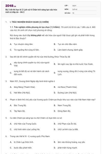 Bộ 3 đề thi học kì 2 Lịch sử 6 Chân trời sáng tạo cấu trúc mới có đáp án - Đề 2
