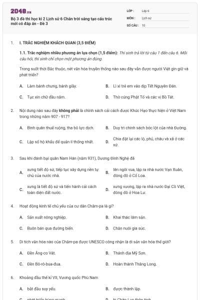Bộ 3 đề thi học kì 2 Lịch sử 6 Chân trời sáng tạo cấu trúc mới có đáp án - Đề 3