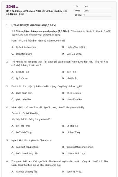 Bộ 3 đề thi học kì 2 Lịch sử 7 Kết nối tri thức cấu trúc mới có đáp án - Đề 3