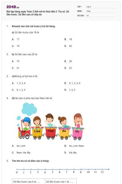 Bài tập hàng ngày Toán 2 Kết nối tri thức Bài 2: Tia số. Số liền trước. Số liền sau có đáp án