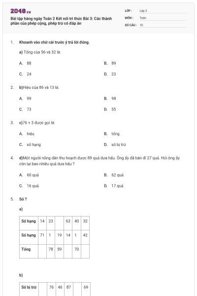 Bài tập hàng ngày Toán 2 Kết nối tri thức Bài 3: Các thành phần của phép cộng, phép trừ có đáp án