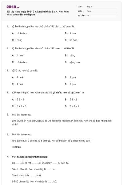 Bài tập hàng ngày Toán 2 Kết nối tri thức Bài 4: Hơn kém nhau bao nhiêu có đáp án