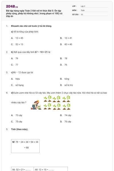 Bài tập hàng ngày Toán 2 Kết nối tri thức Bài 5: Ôn tập phép cộng, phép trừ không nhớ ( trong phạm vi 100) có đáp án