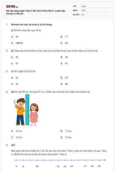 Bài tập hàng ngày Toán 2 Kết nối tri thức Bài 6: Luyện tập chung có đáp án