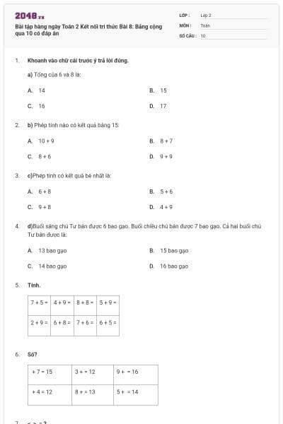 Bài tập hàng ngày Toán 2 Kết nối tri thức Bài 8: Bảng cộng qua 10 có đáp án
