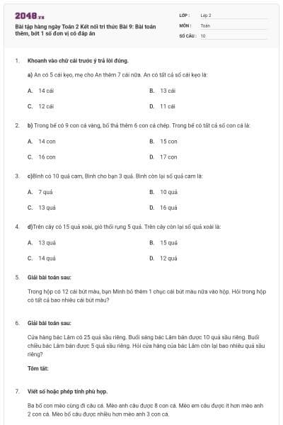Bài tập hàng ngày Toán 2 Kết nối tri thức Bài 9: Bài toán thêm, bớt 1 số đơn vị có đáp án