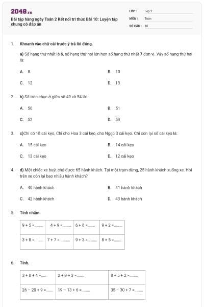 Bài tập hàng ngày Toán 2 Kết nối tri thức Bài 10: Luyện tập chung có đáp án
