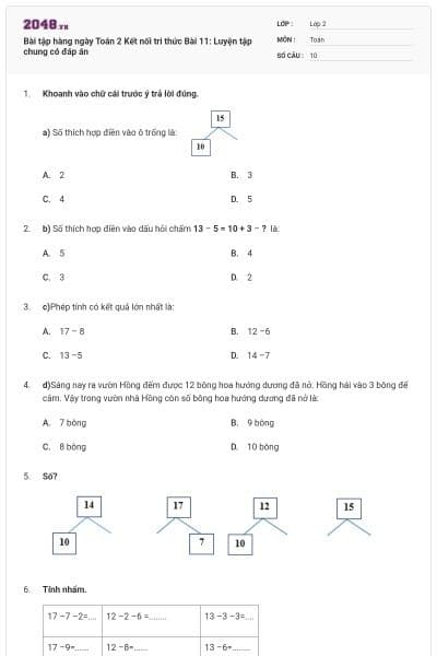 Bài tập hàng ngày Toán 2 Kết nối tri thức Bài 11: Luyện tập chung có đáp án