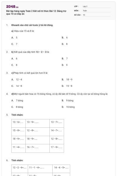 Bài tập hàng ngày Toán 2 Kết nối tri thức Bài 12: Bảng trừ qua 10 có đáp án