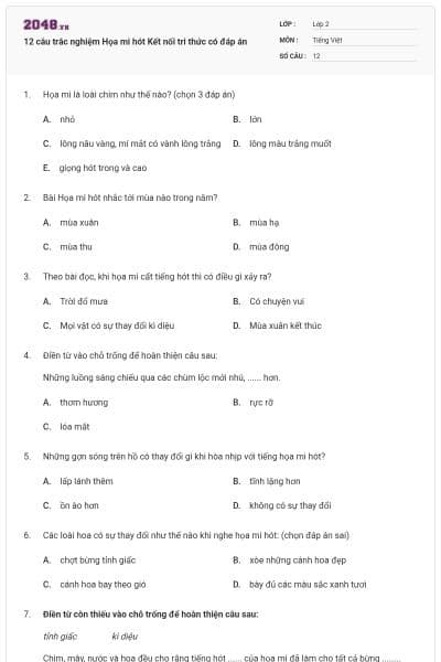 12 câu trắc nghiệm Họa mi hót Kết nối tri thức có đáp án