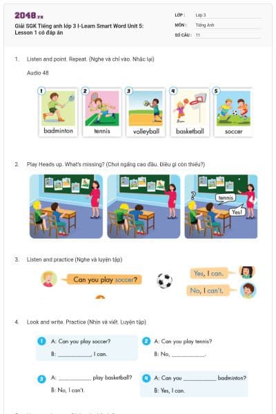 Giải SGK Tiếng anh lớp 3 I-Learn Smart Word Unit 5: Lesson 1 có đáp án