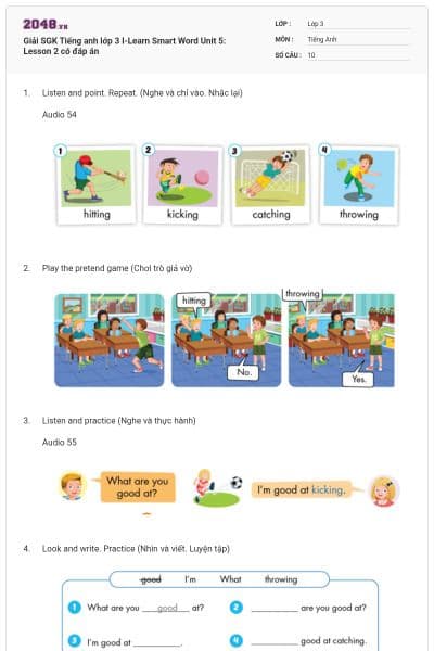 Giải SGK Tiếng anh lớp 3 I-Learn Smart Word Unit 5: Lesson 2 có đáp án