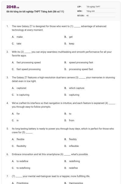 Đề thi tổng ôn tốt nghiệp THPT Tiếng Anh (Đề số 11)