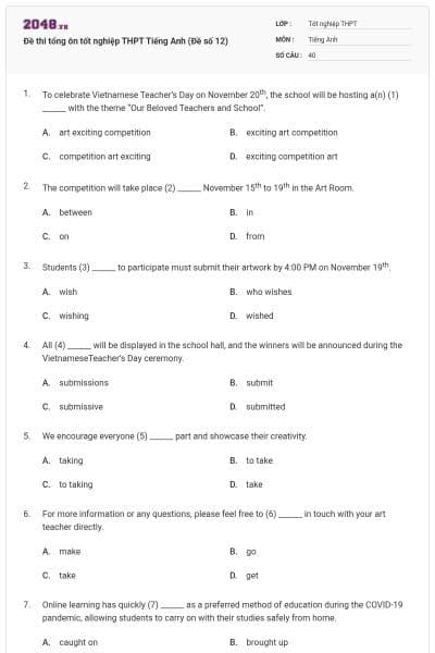 Đề thi tổng ôn tốt nghiệp THPT Tiếng Anh (Đề số 12)