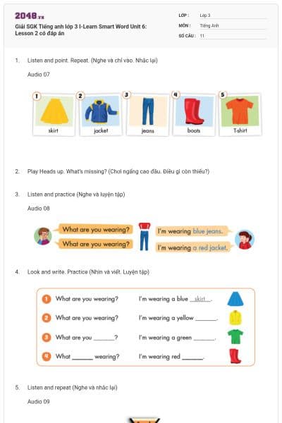 Giải SGK Tiếng anh lớp 3 I-Learn Smart Word Unit 6: Lesson 2 có đáp án