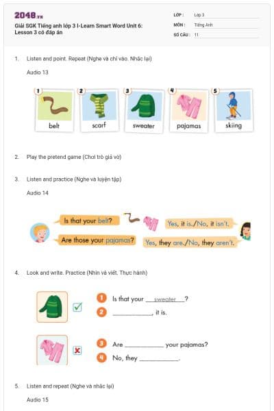 Giải SGK Tiếng anh lớp 3 I-Learn Smart Word Unit 6: Lesson 3 có đáp án