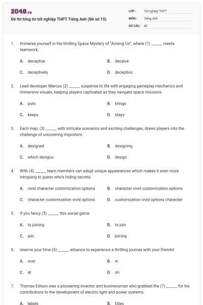 Đề thi tổng ôn tốt nghiệp THPT Tiếng Anh (Đề số 15)