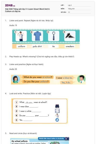 Giải SGK Tiếng anh lớp 3 I-Learn Smart Word Unit 6: Culture có đáp án