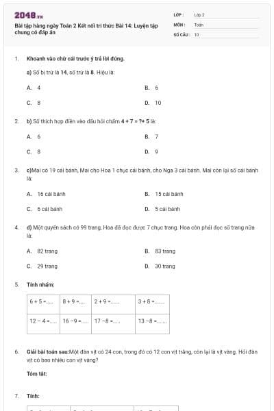 Bài tập hàng ngày Toán 2 Kết nối tri thức Bài 14: Luyện tập chung có đáp án