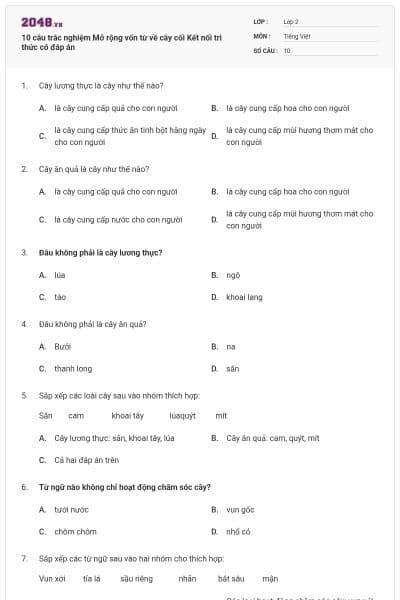 10 câu trắc nghiệm Mở rộng vốn từ về cây cối Kết nối tri thức có đáp án