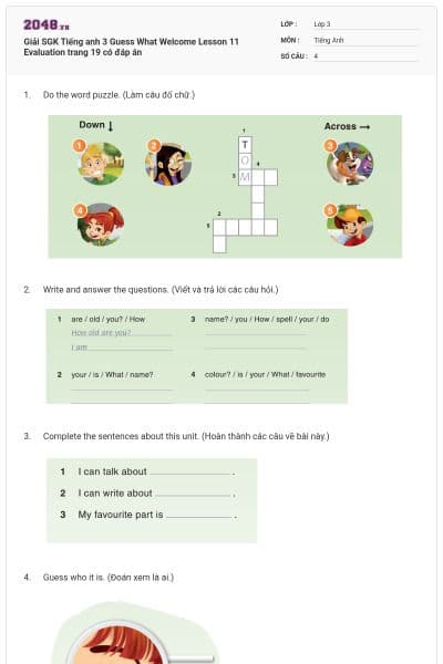 Giải SGK Tiếng anh 3 Guess What Welcome Lesson 11 Evaluation trang 19 có đáp án